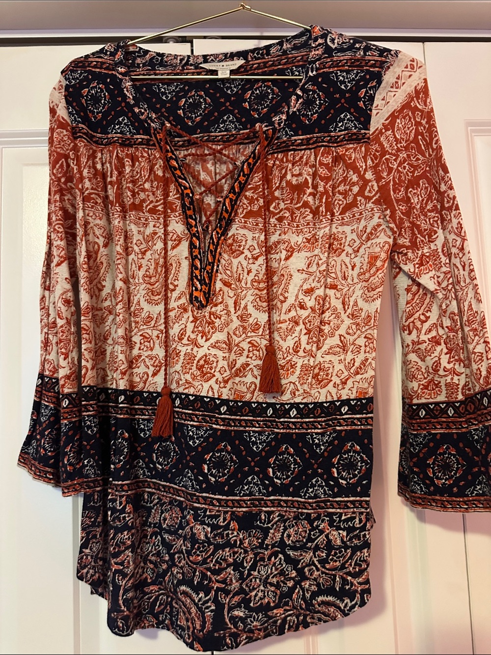 Lucky Brand Navy and Rust Geometric Print Blouse